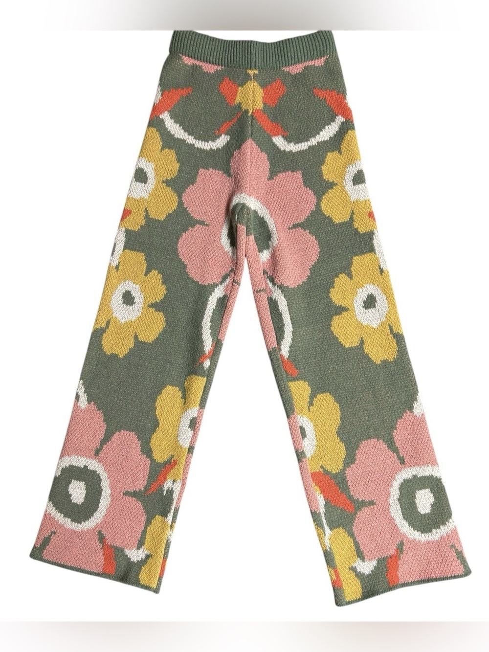 Davi & Dani Floral Print Knit Pants Small Boho Pink Sage Boutique Festival